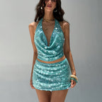 Conjunto Azul con Falda de Cuentas y Top Sexy – Ideal para Fiestas & Verano