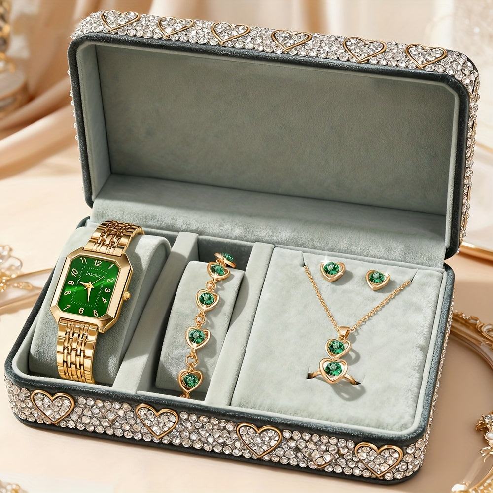 Set Reloj Cuadrado y Joyas para Mujer - 6 Piezas con Collar Corazón