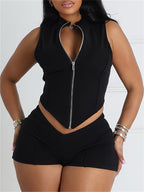 Conjunto Deportivo 2 Piezas · Chaleco con Cremallera + Shorts de Cintura Alta