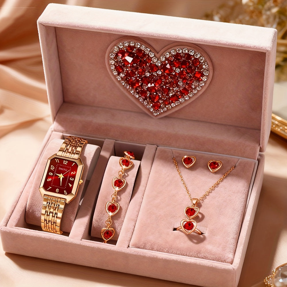 Set Reloj Cuadrado y Joyas para Mujer - 6 Piezas con Collar Corazón