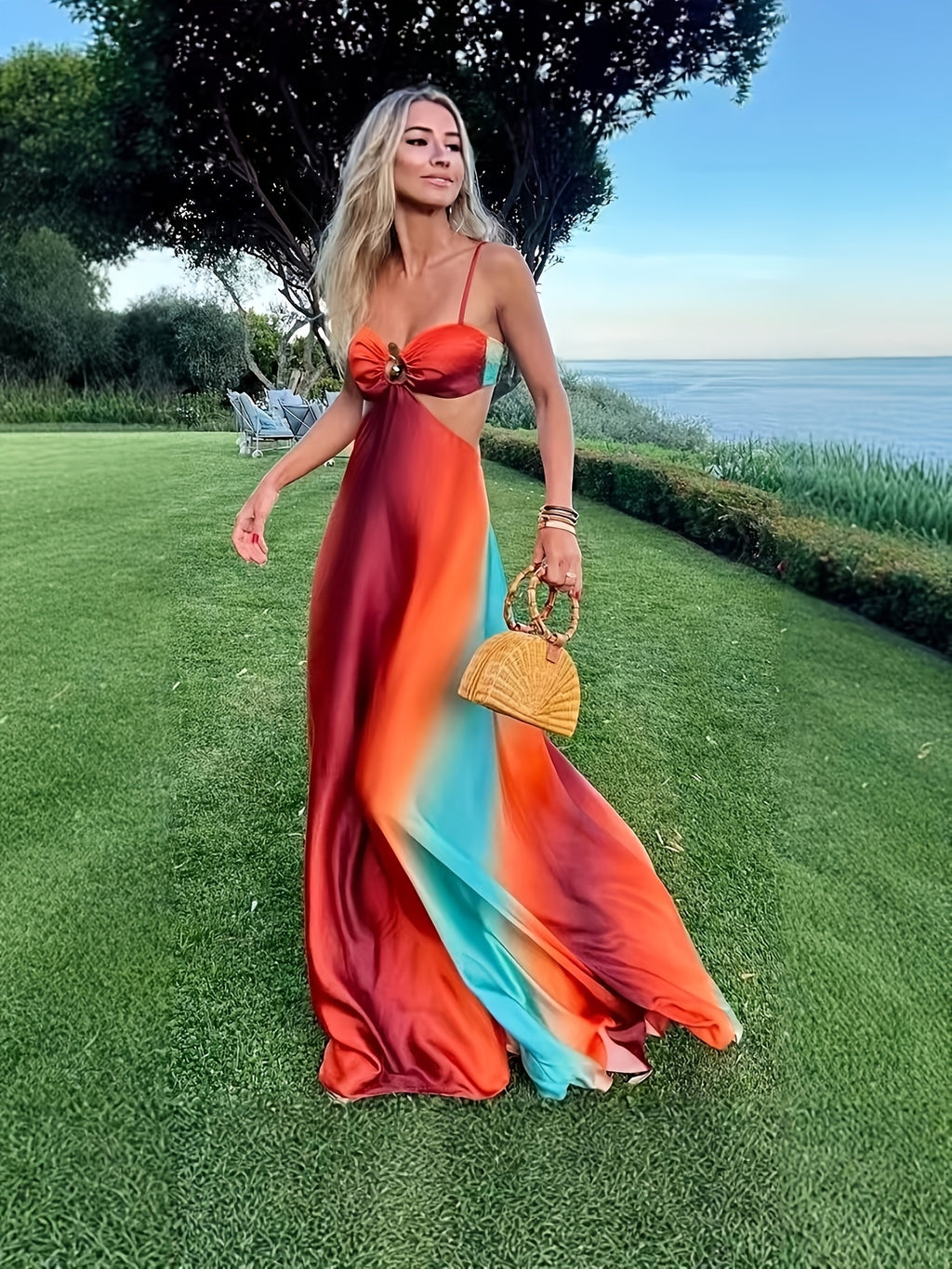 Vestido Largo Estampado "Atardecer Neón" con Espalda Abierta – Estilo Vacaciones