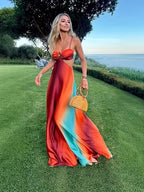 Vestido Largo Estampado "Atardecer Neón" con Espalda Abierta – Estilo Vacaciones