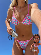 Bikini floral + cuadros rosa con perlas
