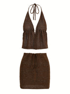 Bikini Halter Marrón Rosado con Falda y Cover-Up de Lentejuelas – Set 3 Piezas