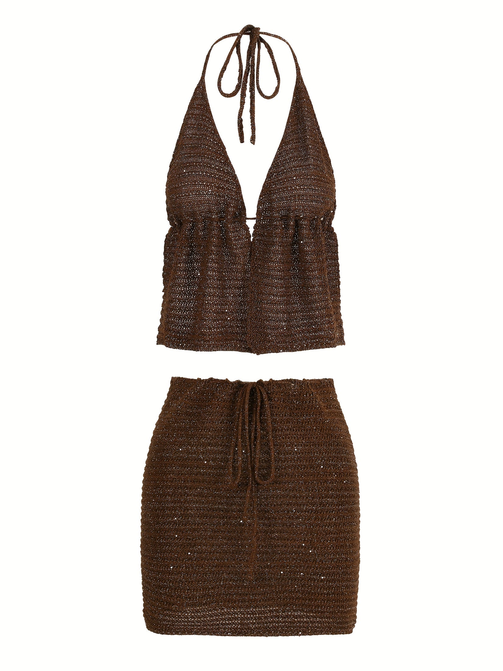 Bikini Halter Marrón Rosado con Falda y Cover-Up de Lentejuelas – Set 3 Piezas