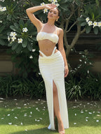 Set 3 piezas color sólido con top burbuja + falda plisada