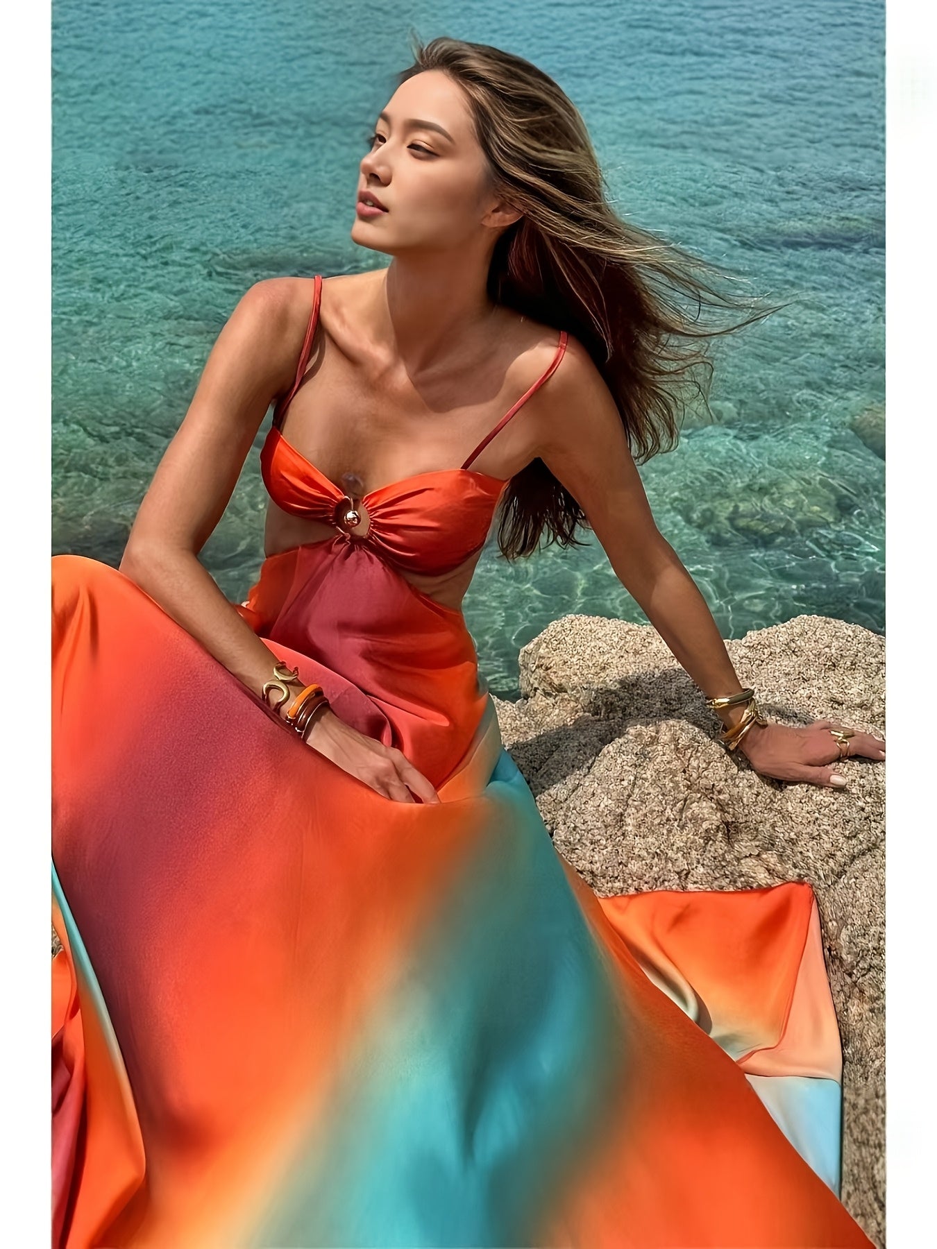 Vestido Largo Estampado "Atardecer Neón" con Espalda Abierta – Estilo Vacaciones