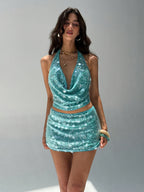 Conjunto Azul con Falda de Cuentas y Top Sexy – Ideal para Fiestas & Verano