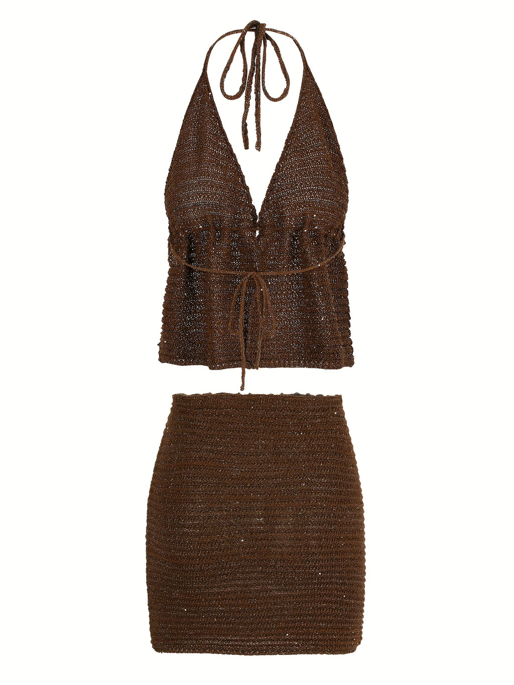 Bikini Halter Marrón Rosado con Falda y Cover-Up de Lentejuelas – Set 3 Piezas