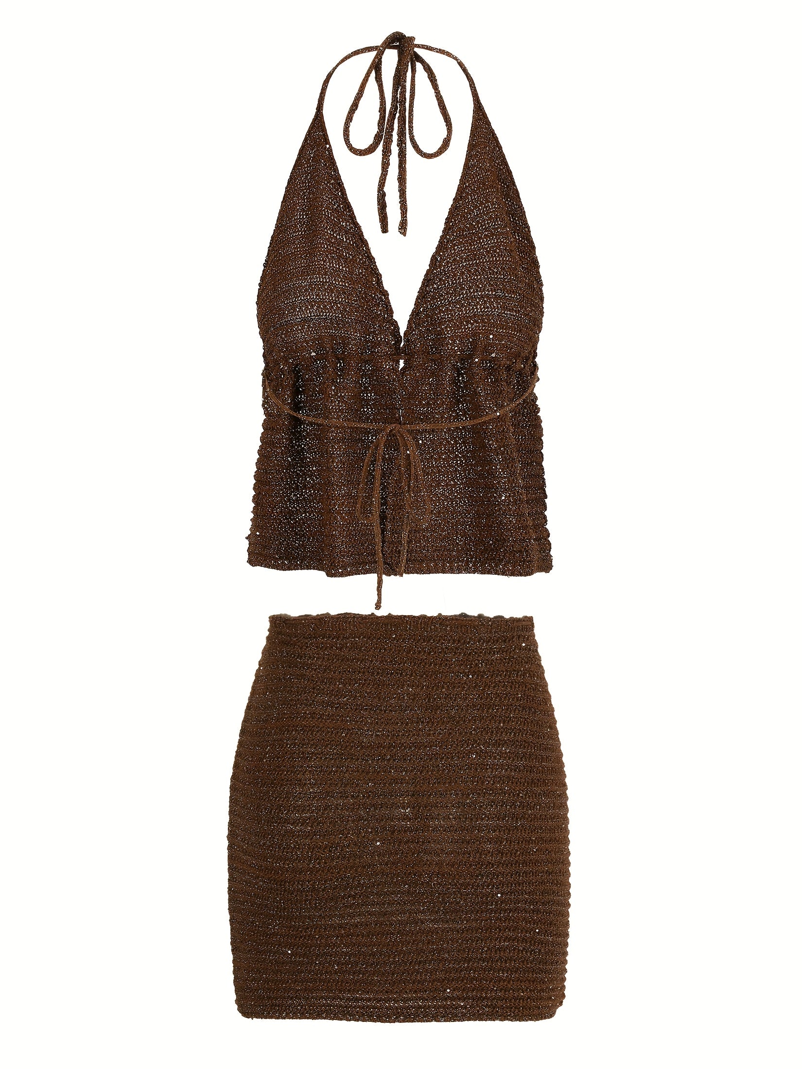 Bikini Halter Marrón Rosado con Falda y Cover-Up de Lentejuelas – Set 3 Piezas