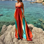 Vestido Largo Estampado "Atardecer Neón" con Espalda Abierta – Estilo Vacaciones