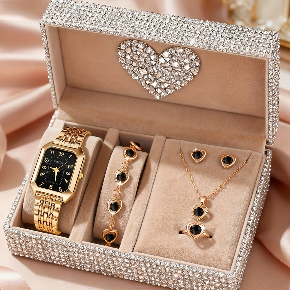 Set Reloj Cuadrado y Joyas para Mujer - 6 Piezas con Collar Corazón