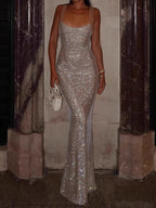 Vestido Largo Ajustado de Malla Brillante – Elegante, Sexy y con Espalda Descubierta