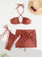 Bikini Fucsia 3 Piezas · Falda + Detalles Cruzados