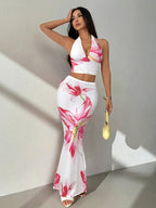 Conjunto Rosa Floral 2 Piezas – Top Halter Corto + Falda Maxi