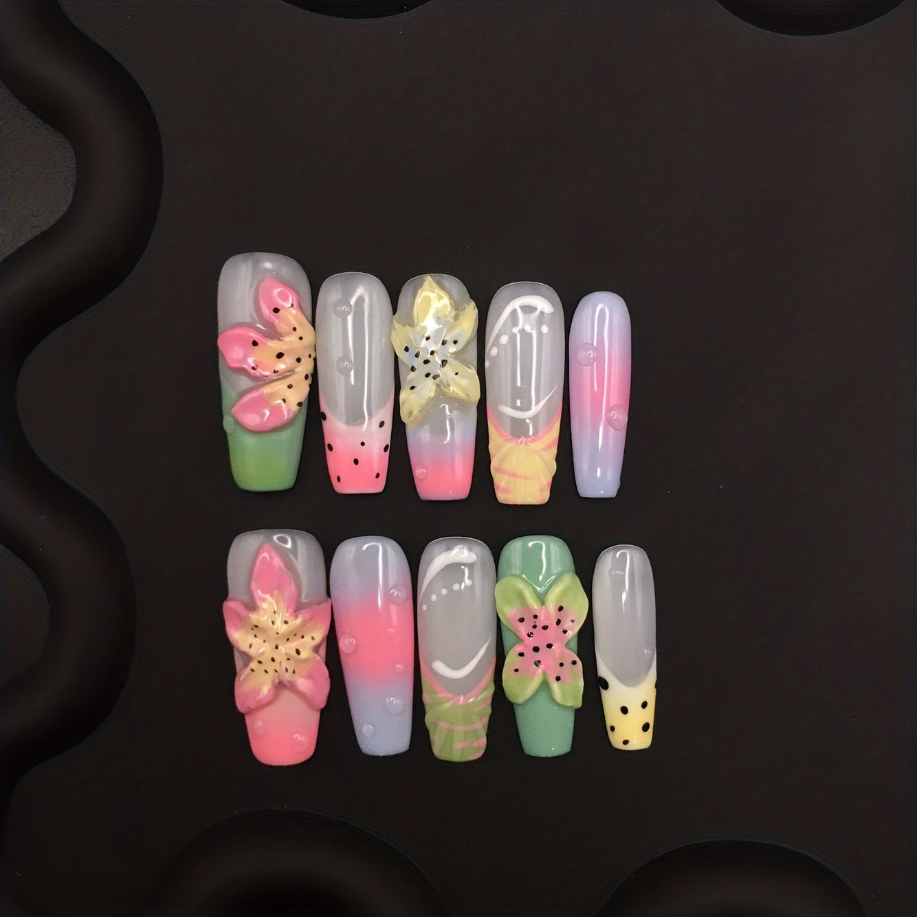 Uñas postizas cuadradas 3D florales