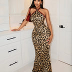 Vestido Largo Animal Print sin Tirantes con Detalles Metálicos