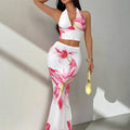 Conjunto Rosa Floral 2 Piezas – Top Halter Corto + Falda Maxi