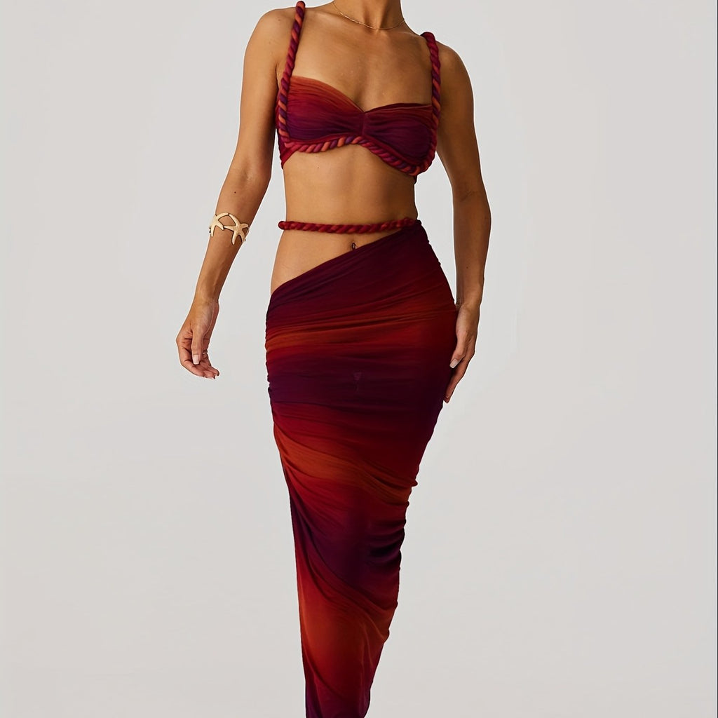 Set 2 Piezas Halter con Espalda Descubierta – Top Corto + Falda Ajustada