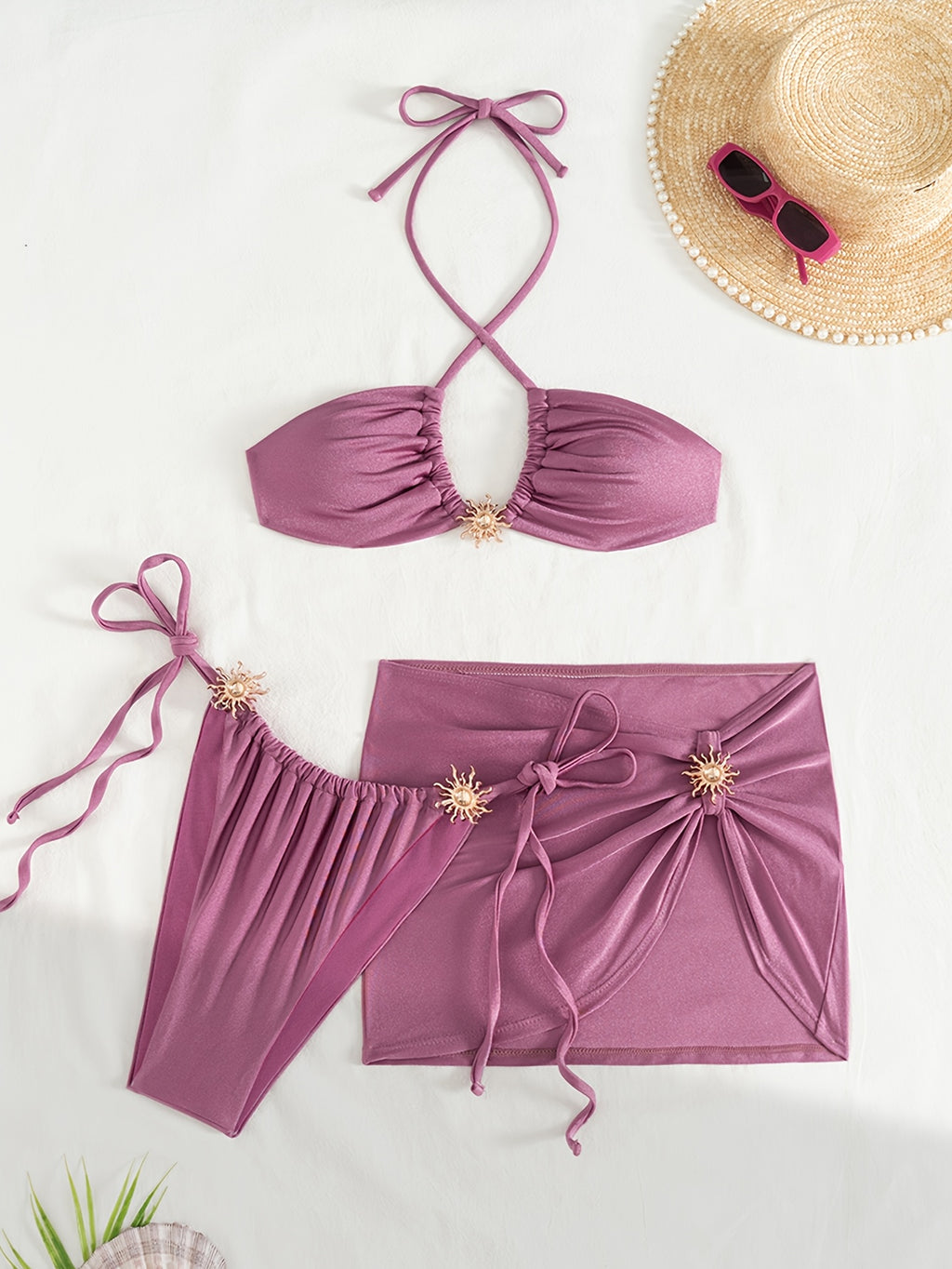 Bikini Fucsia 3 Piezas · Falda + Detalles Cruzados
