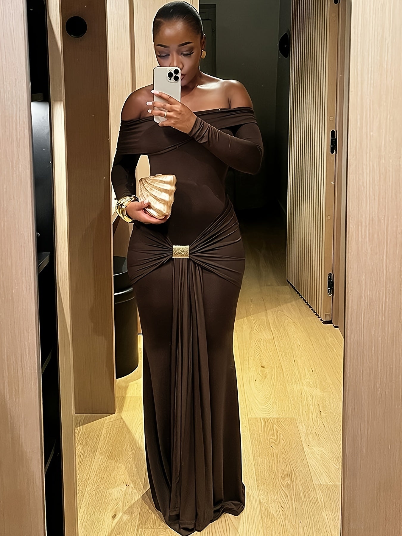 Vestido Midi Ajustado Off-Shoulder con Manga Larga – Elegante para Primavera/Otoño