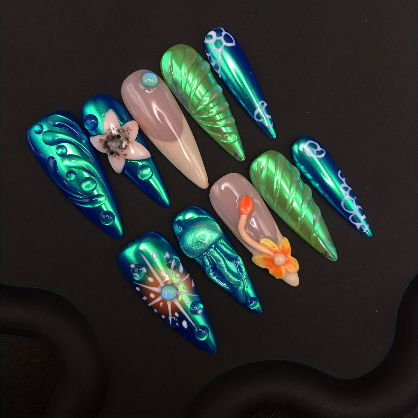 Uñas postizas 3D estilo océano – Medusas y estrellas