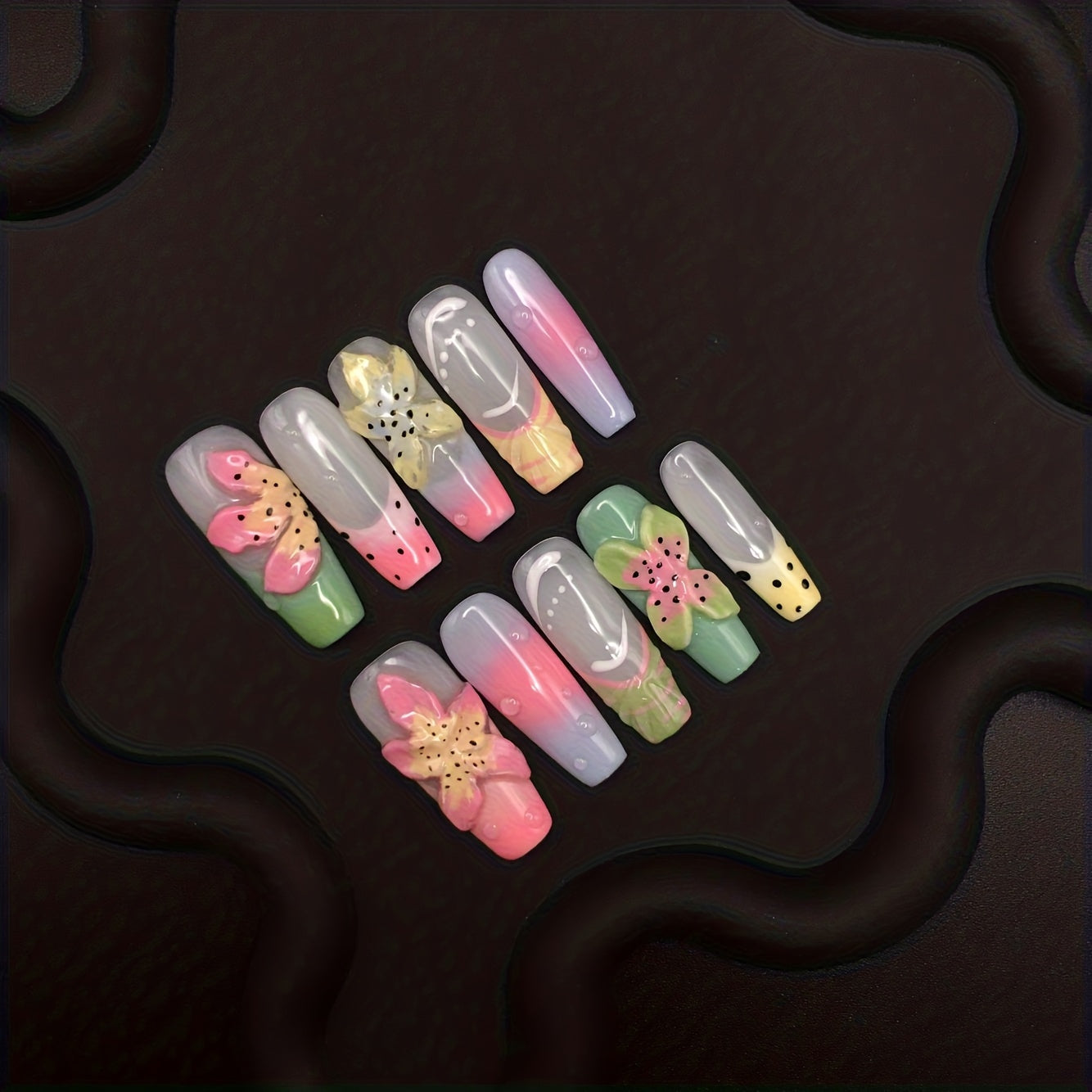 Uñas postizas cuadradas 3D florales