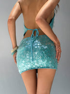 Conjunto Azul con Falda de Cuentas y Top Sexy – Ideal para Fiestas & Verano