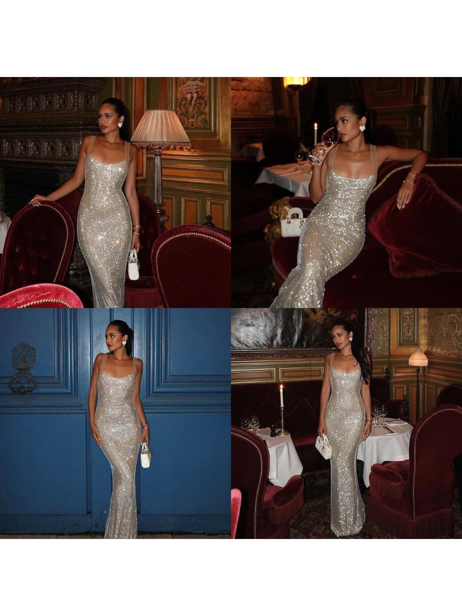 Vestido Largo Ajustado de Malla Brillante – Elegante, Sexy y con Espalda Descubierta