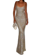 Vestido Largo Ajustado de Malla Brillante – Elegante, Sexy y con Espalda Descubierta