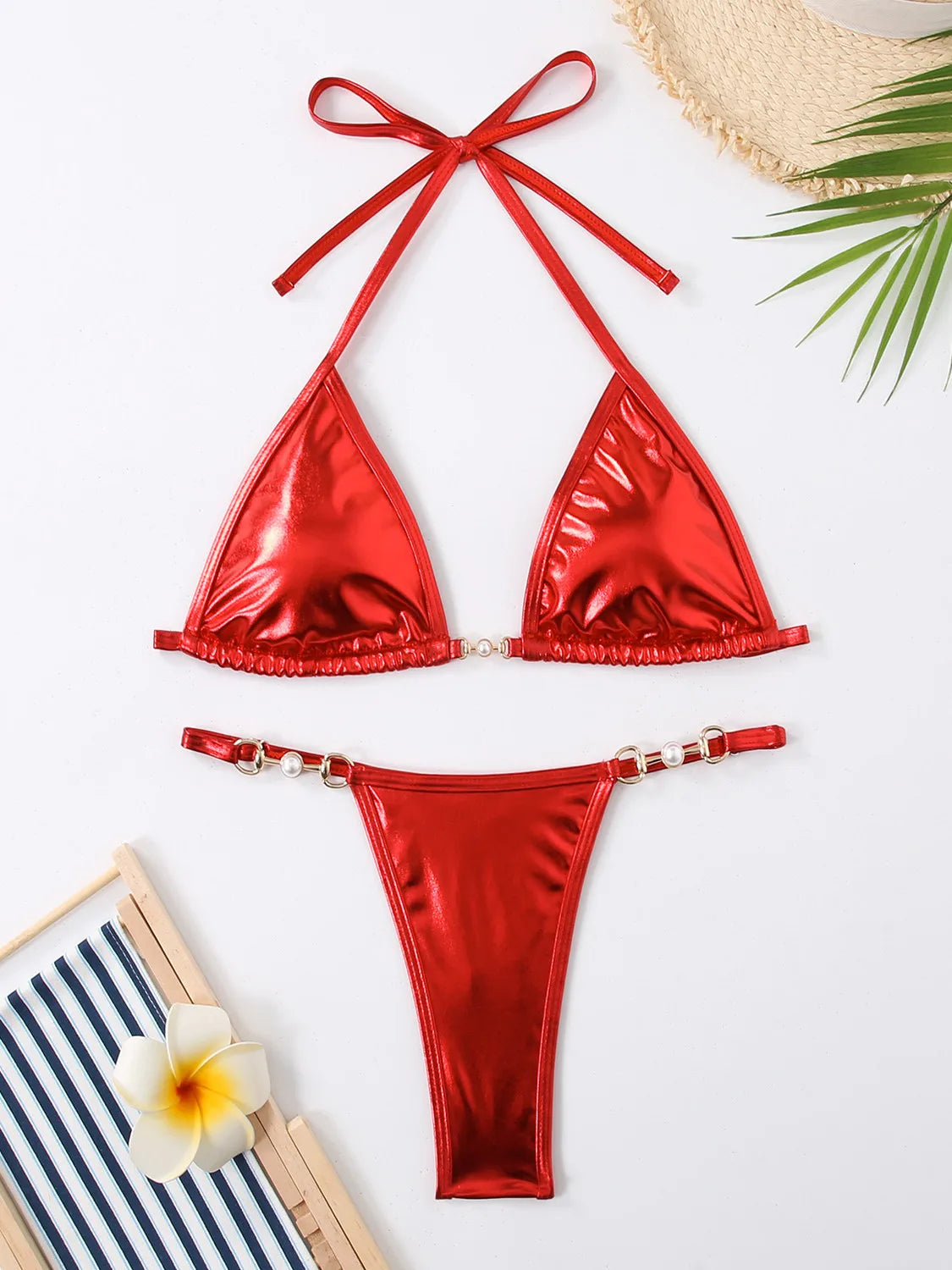 Micro Bikini Rosa Brillante Efecto PU – Sexy para Playa