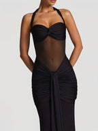 Vestido Largo Halter de Malla Plisada – Elegante, Sensual y Sofisticado