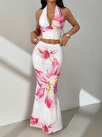 Conjunto Rosa Floral 2 Piezas – Top Halter Corto + Falda Maxi