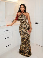 Vestido Largo Animal Print sin Tirantes con Detalles Metálicos