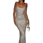 Vestido Largo Ajustado de Malla Brillante – Elegante, Sexy y con Espalda Descubierta