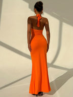 Vestido Largo Halter con Espalda Descubierta y Detalles Fruncidos – Elegante & Sexy