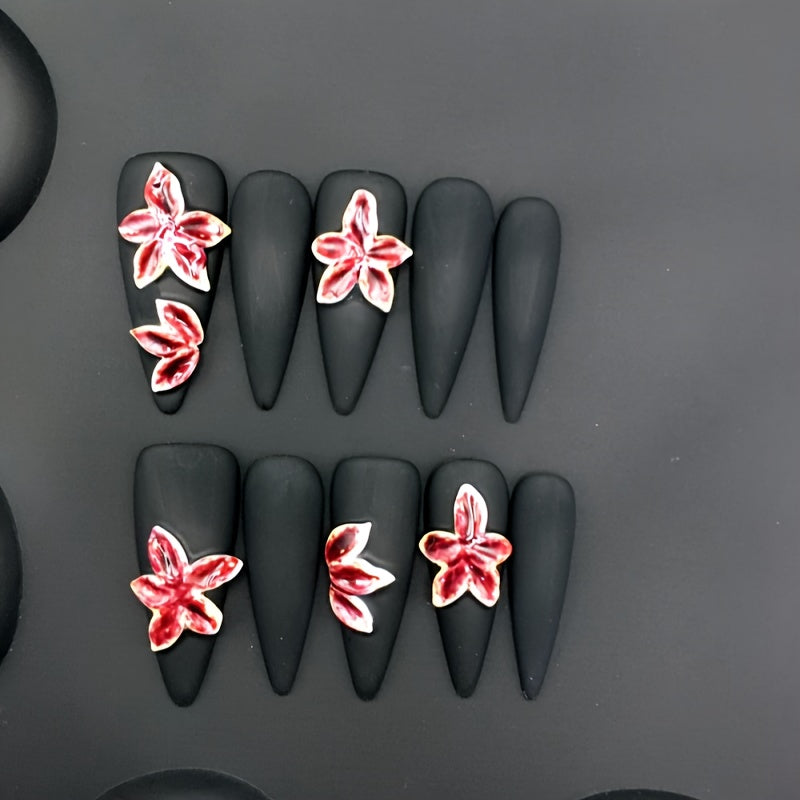 Uñas postizas negras mate con flores 3D
