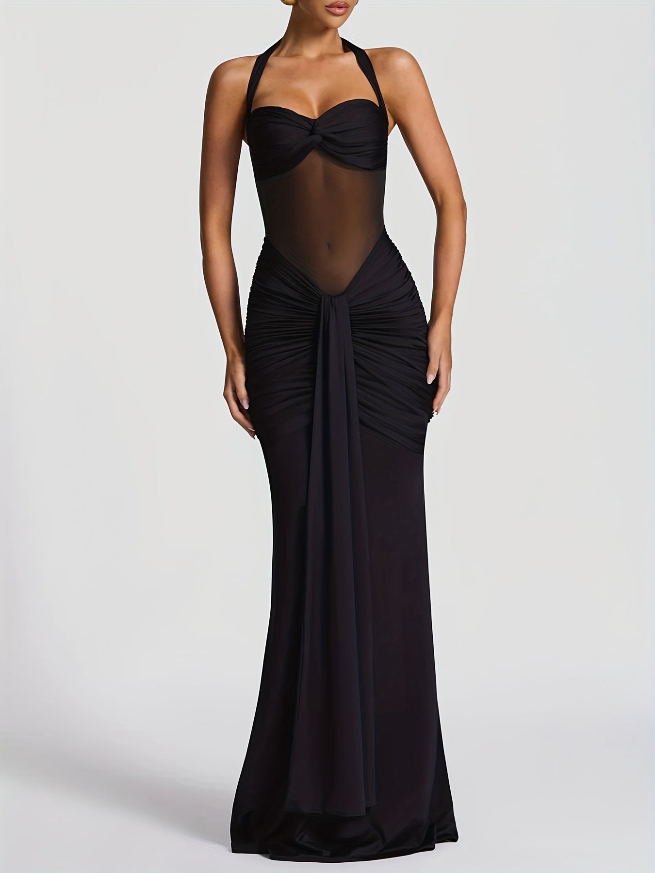 Vestido Largo Halter de Malla Plisada – Elegante, Sensual y Sofisticado