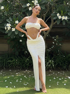 Set 3 piezas color sólido con top burbuja + falda plisada