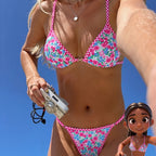 Bikini floral + cuadros rosa con perlas
