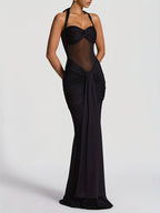 Vestido Largo Halter de Malla Plisada – Elegante, Sensual y Sofisticado