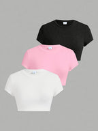 Set de 3 piezas – Camiseta corta + falda/pantalón (navel exposed)