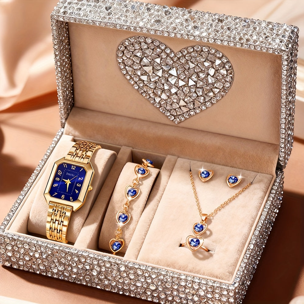 Set Reloj Cuadrado y Joyas para Mujer - 6 Piezas con Collar Corazón
