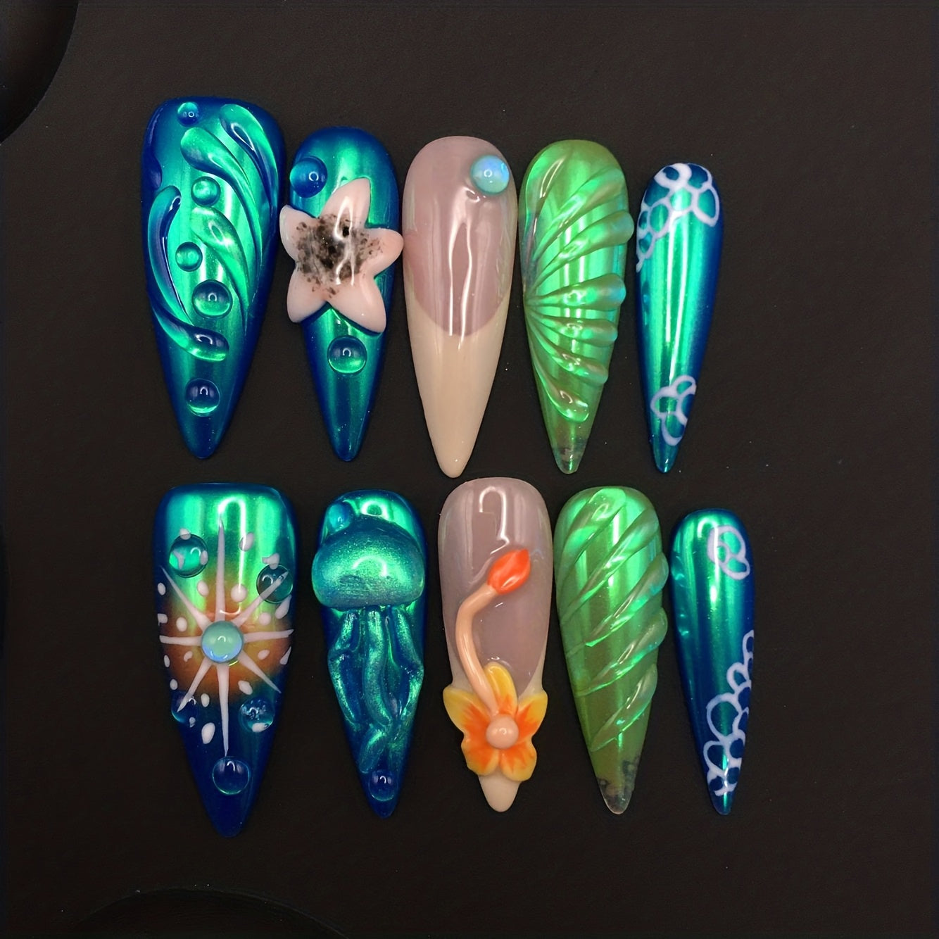 Uñas postizas 3D estilo océano – Medusas y estrellas