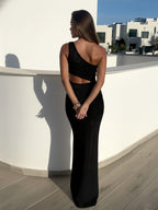 Vestido largo playero con abertura y hombro descubierto