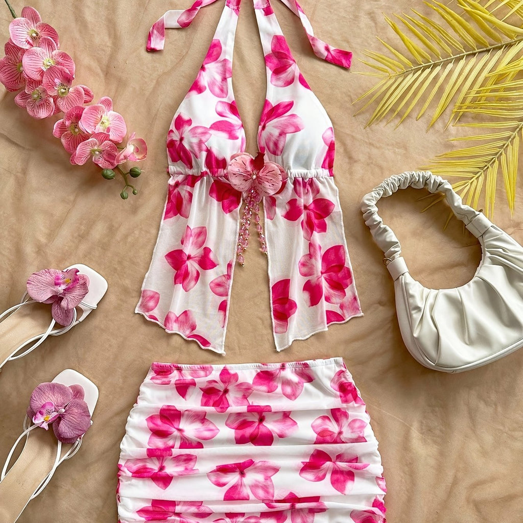 Set Vacacional Estampado – Top Strapless con Lazo + Mini Falda Plisada