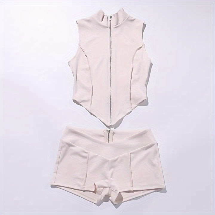Conjunto Deportivo 2 Piezas · Chaleco con Cremallera + Shorts de Cintura Alta